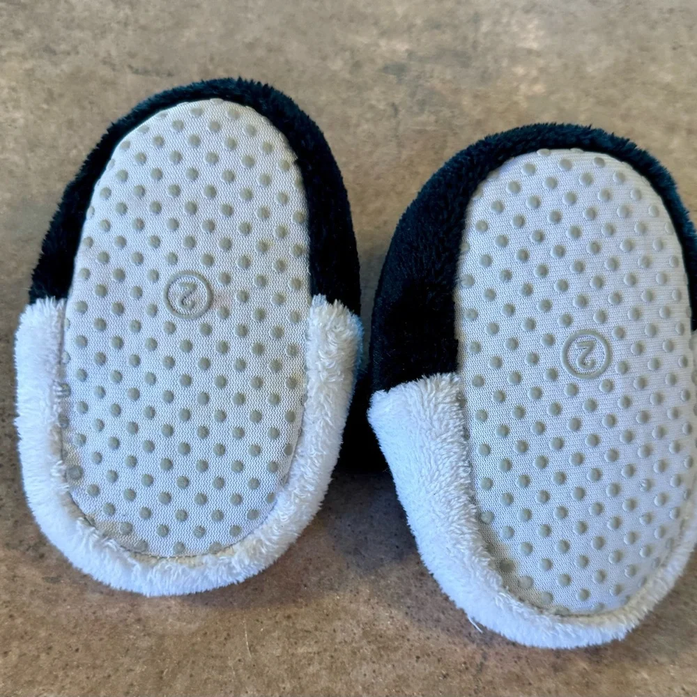 Adorable Infant Panda Plush Slippers - Black & White Size 2